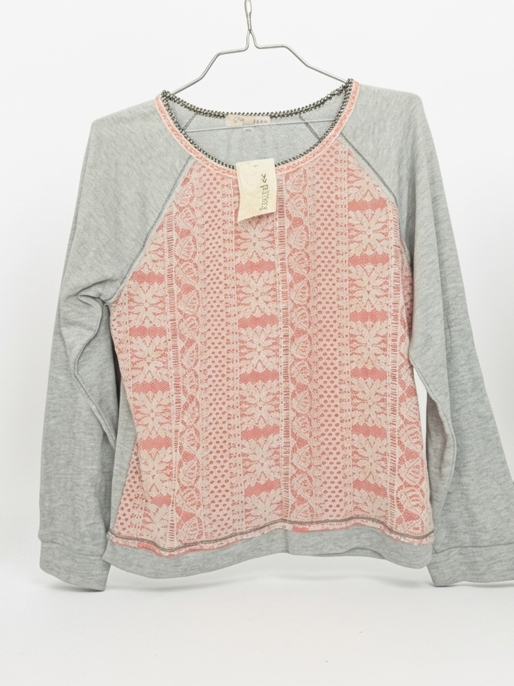 Rewind Pink Lace Front Raglan Sweatshirt with Gray‎ Sleeves